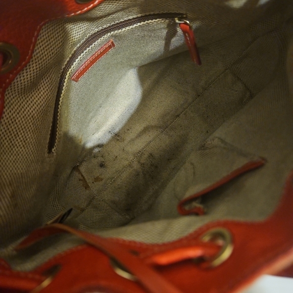 Rare Vintage DOONEY & BOURKE Red Leather Canvas Monogram Drawstring Bucket Bag - Picture 12 of 14